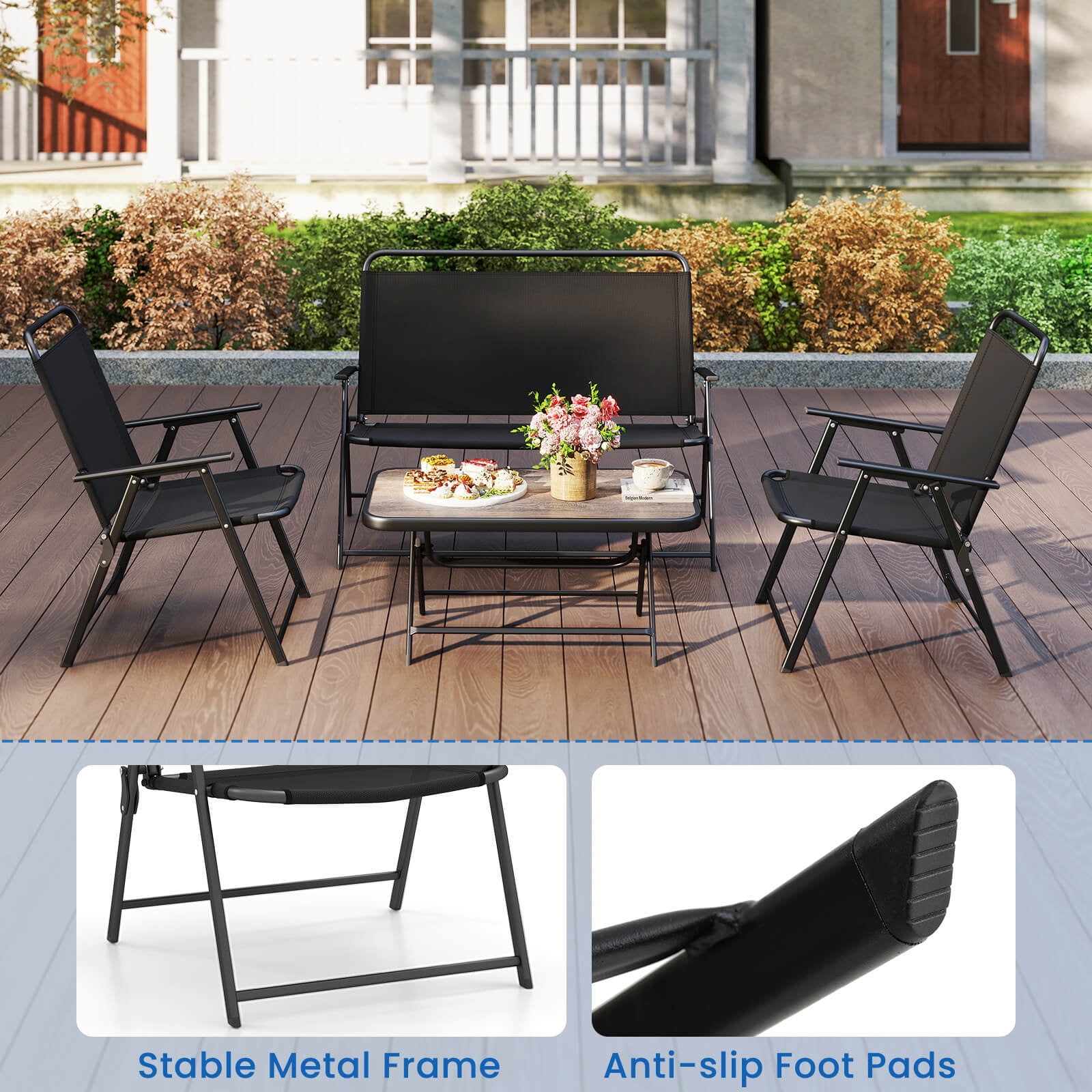 Costway 4 PCS Patio Folding Furniture Set Outdoor Conversation Set Bistro Sectional Set