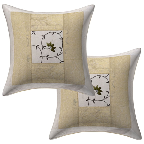 Stylo Culture Ethnic Couch Throw Pillow Covers Embroidered 16x16 Brocade Patchwork White Traditional 40cm x 40cm Bed Room Polydupion Floral Square Cushion Covers | Set Of 2
