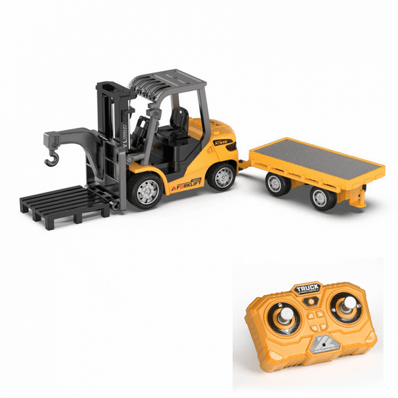RC Forklift 1/24 7CH 2Mode Mini Remote Control Forklift Truck with Flatbed Tow Truck,2 in 1 Transformable Lift Fork & Hook with Rechargeable Battery for 6  Kids