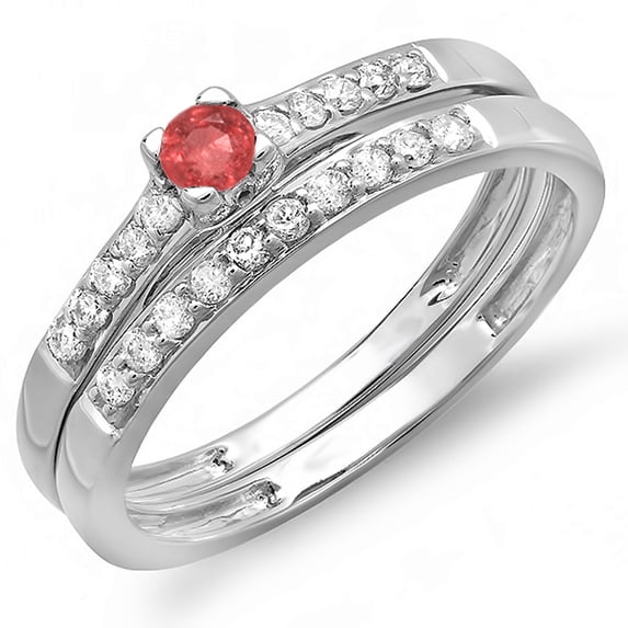 Dazzlingrock Collection 10K Round Red Ruby & White Diamond Ladies Bridal Engagement Wedding Ring Set, White Gold, Size 5