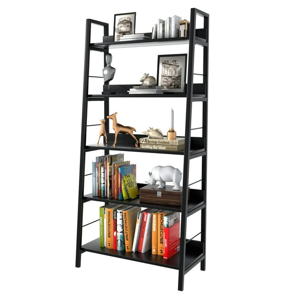 Industrial 5 Tier Black Ladder Bookshelf,Tall Free Standing Bookcase Shelf Storage Organizer Rack, Wood and Metal Shelf with for Bedroom,Living Room, Kitchen, Bathroom, Home Office