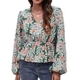 thumbnail image 1 of Blusa cruzada de manga larga con escote en V y dobladillo con volantes y estampado de hojas verdes grandes para mujer, 1 of 6