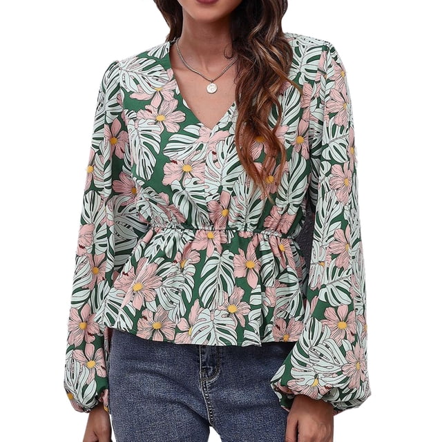 Blusa cruzada de manga larga con escote en V y dobladillo con volantes y estampado de hojas verdes grandes para mujer