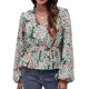 thumbnail image 1 of Blusa cruzada de manga larga con escote en V y dobladillo con volantes y estampado de hojas verdes grandes para mujer, 1 of 6
