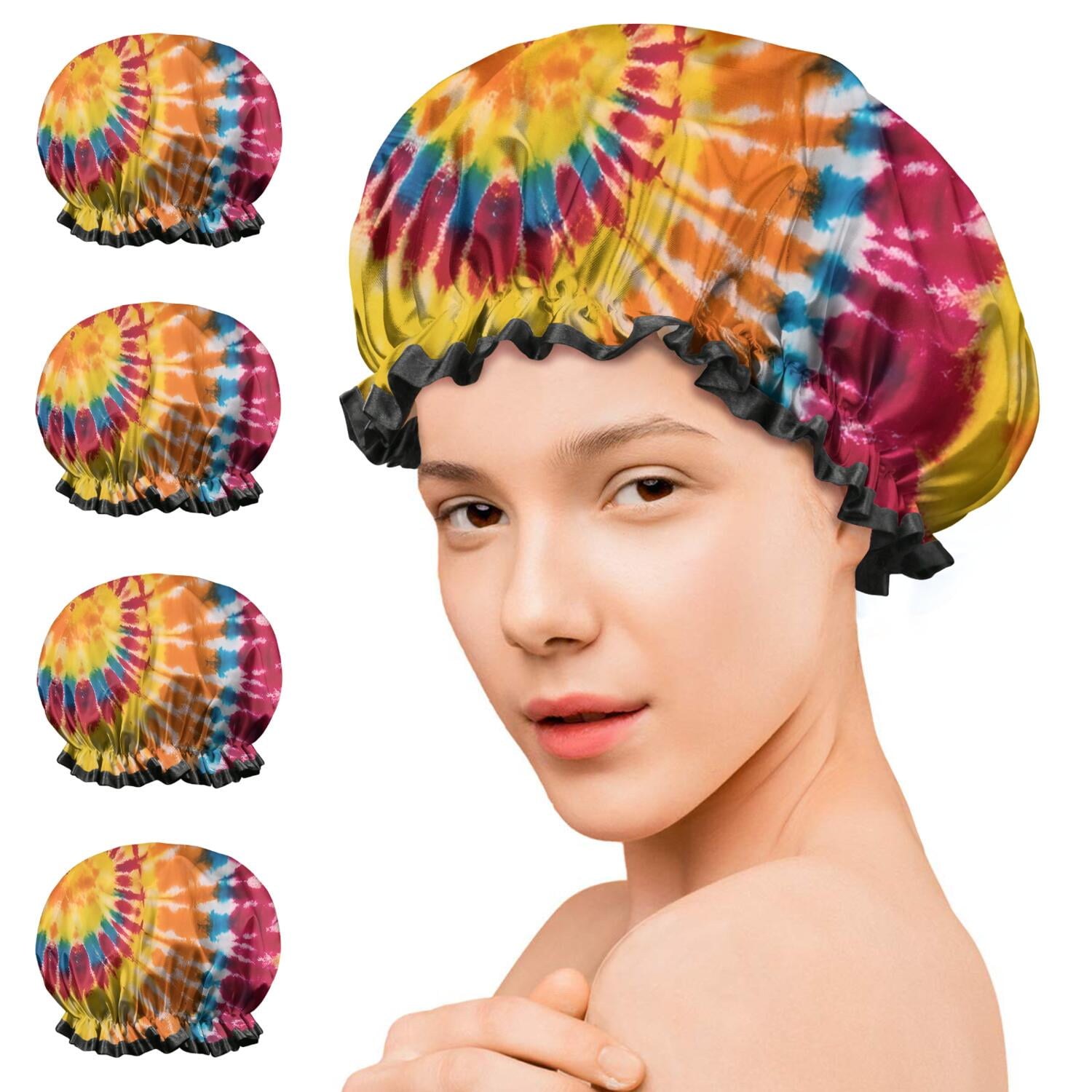 Shower Caps,Colorful Tie Dye Pattern Waterproof Shower Cap for Women 4 Pieces,Double Reusable Hair Cover for Shower PEVA Elastic Stretch Hem