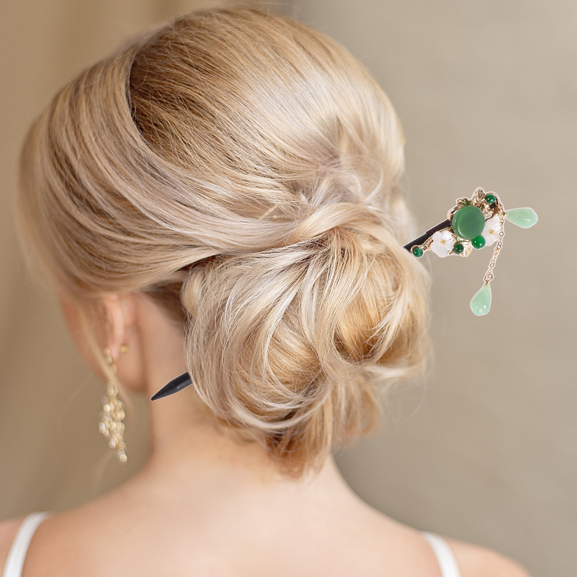 Unique Bargains Flowers Hair Chopstick for Women 1 Pc Black, Green 7.9"