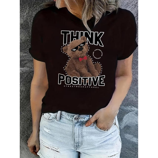 Camiseta para mujer veranoChic Bear Graphic Tee for Women - Casual Crew Neck Short Sleeve, Stretchy Polyester Blend, Machine Washable - Perfect Summer TopFather's Day, Mother's Day, New Year, Spring