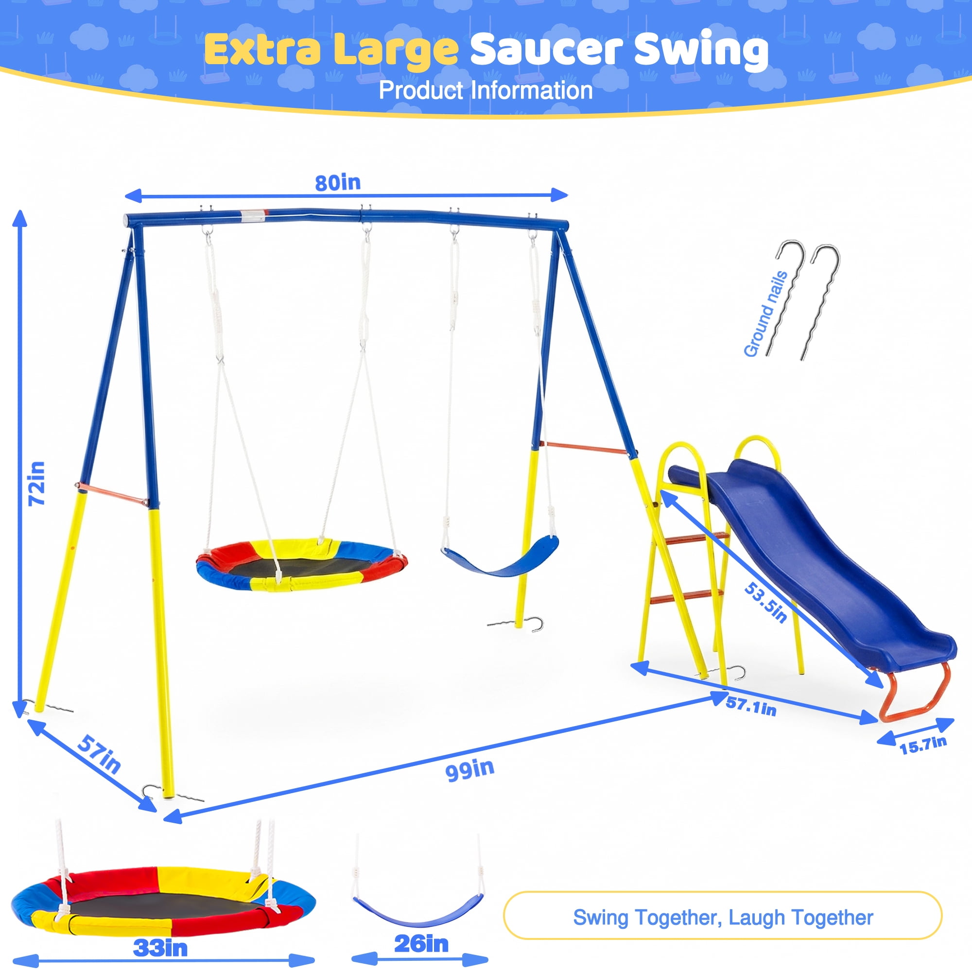 Leumius 3 in 1 Swing Set with Slide for Kids,Outdoor Heavy-Duty Metal Playset for Backyard,Blue