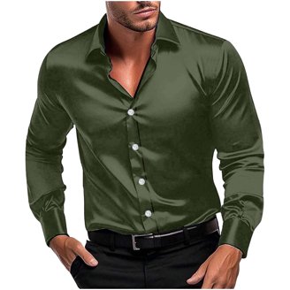 Mens Silk Shirts Long Sleeve-Luxury Shiny Silk Satin Party Dress Shirt  Button Up Casual Muscle Fit for Men(Emerald Green,XL) - Walmart.com