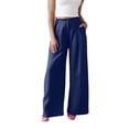 thumbnail image 3 of QATAINLAV Womens Linen Wide Leg Palazzo Pants Summer Button Front Elastic Waist Work Trouser Loose Casual Dress Pants with Pockets Blue S, 3 of 7