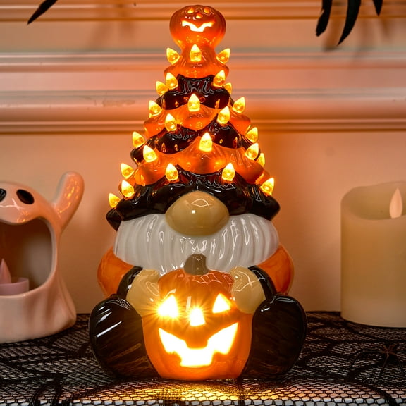 SYNCFUN 8.5 inch Halloween Decorations Ceramic Gnome Tree Decorations with Build-in LEDs,Light Up Pumpkin Table Decor Bedroom Indoor Centerpieces for Tables