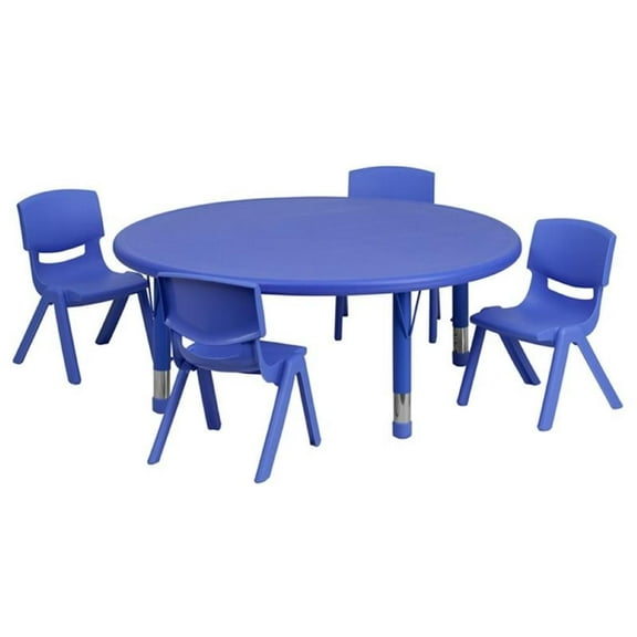 Bowery Hill 5 Piece 45" Round Height Adjustable Plastic Table Set in Blue
