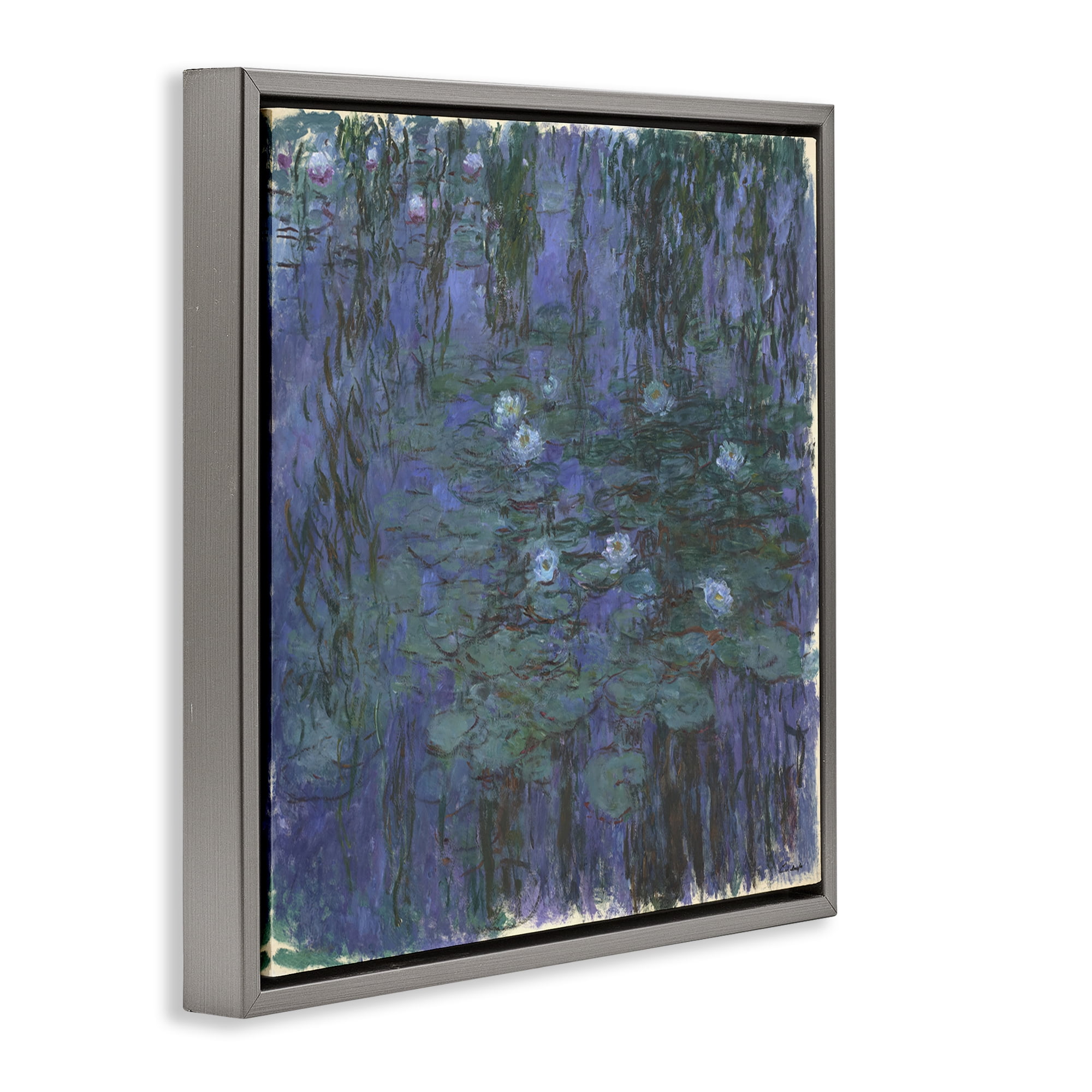 Stupell Industries Classic Monet Blue Water Lilies Landscape & Nature Painting Gray Floater Framed Canvas Art Print Wall Art, 18 x 18