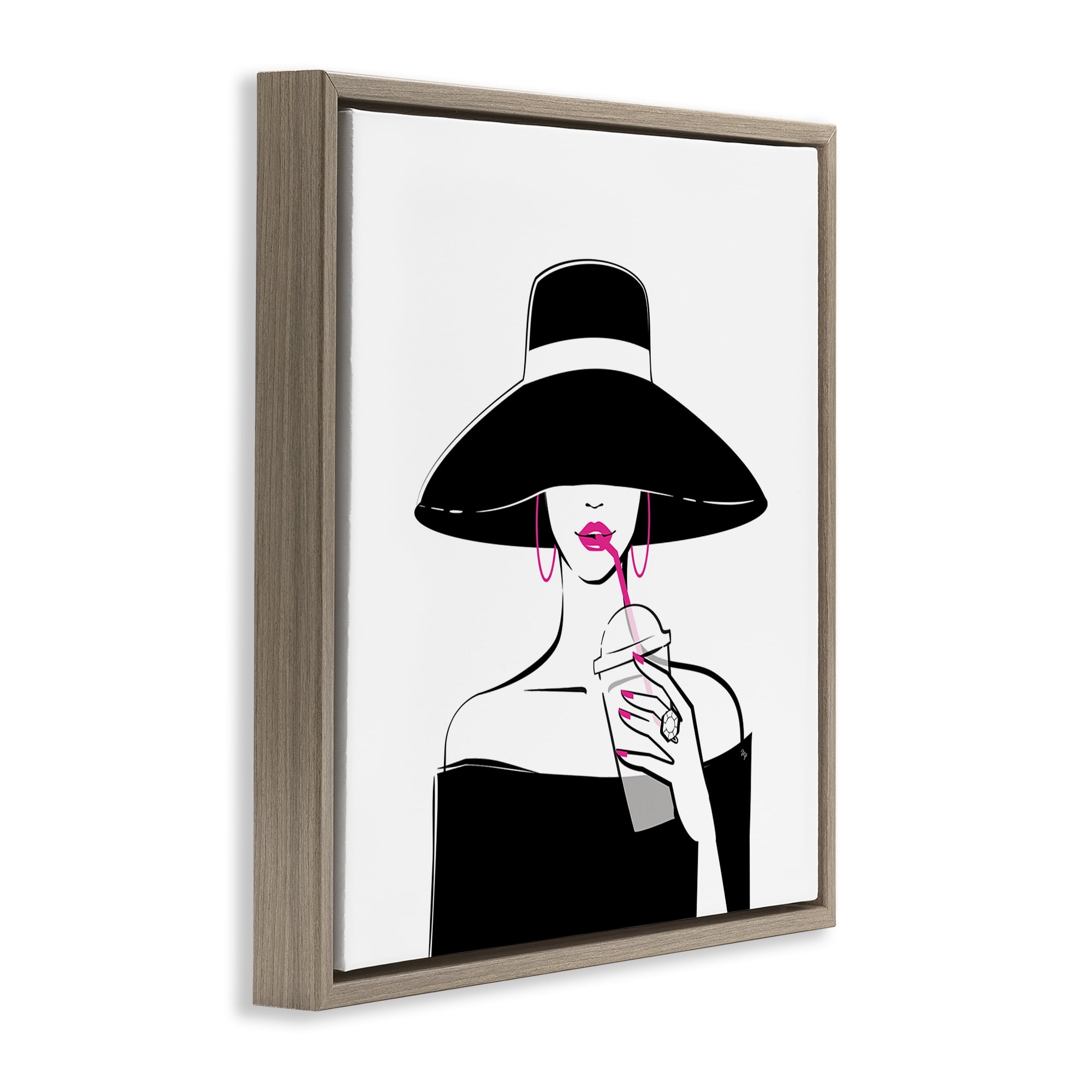 Stupell Industries Chic Black Hat Sipping Coffee Brown Framed Floater Canvas Wall Art, design by Martina Pavlova