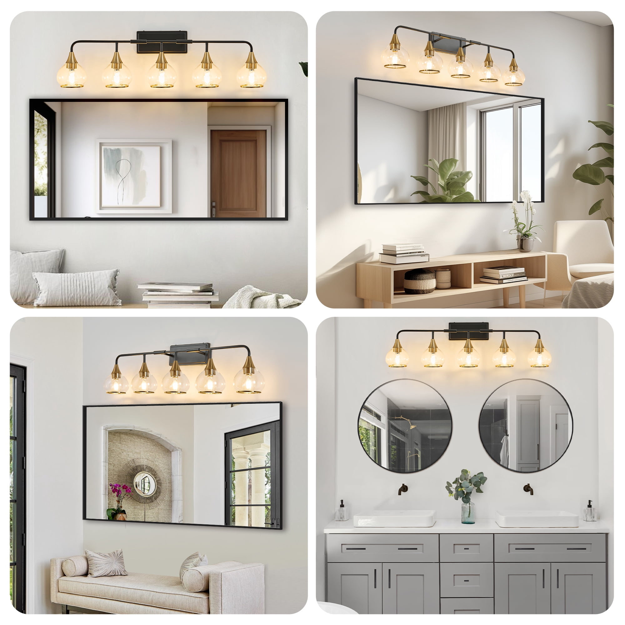 40" Modern 5-Light Vanity Light - Black and Gold Industrial Wall Sconce for Bathroom Mirror, Living Room, Hallway with Clear Glass Shades (Bulb Not Included)