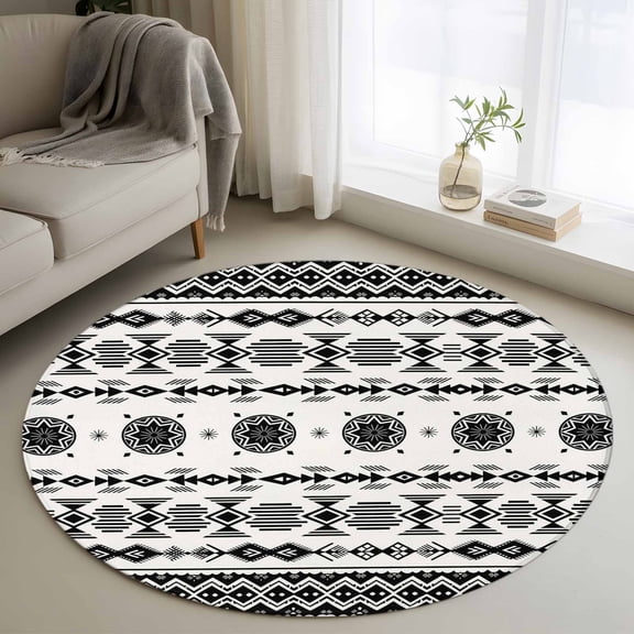 3ft Round Rug, Black White Boho Non-Skid Rubber Backing Large Area Rugs - Living Room Bedroom Home Office, Vintage Abstract Art Ethnic Tribe Indoor Floor Mat Carpets Washable Rug