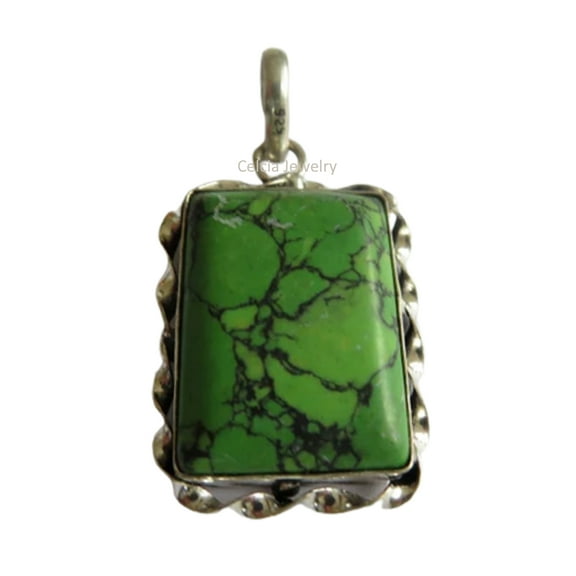 Pure 925 Sterling Silver Pendant For Women Men, Genuine Green Turquoise Cabochon Rectangle Gemstone Unique Handcrafted Pendant For Her Him