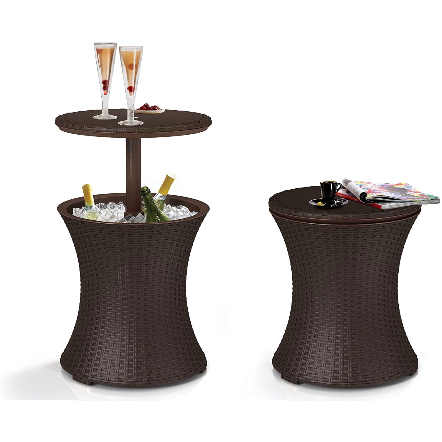 Keter Pacific 7.5 Gallon Cool Bar 2 in 1 Weather Resistant Side Table and Bar Durable Resin Outdoor Patio Beverage Cooler Table, Rattan Look Brown