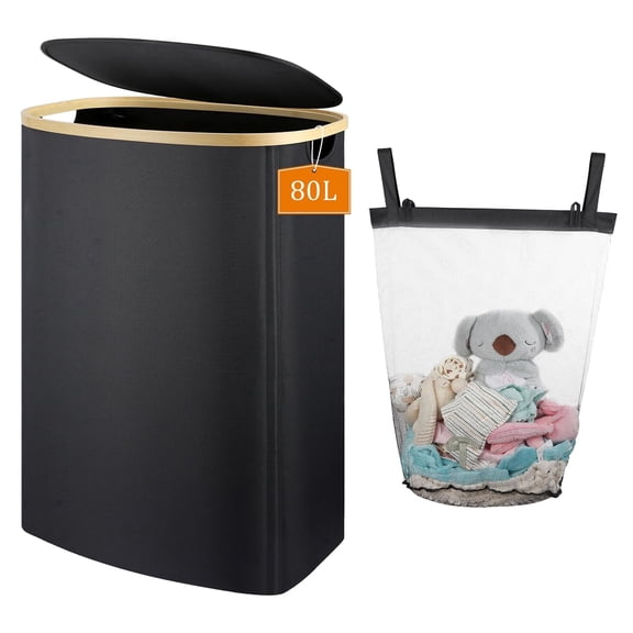 TeSabMi 80L Laundry Hamper with Lid, Foldable Clothes Basket with Removable Bag and Bamboo Handles, Black