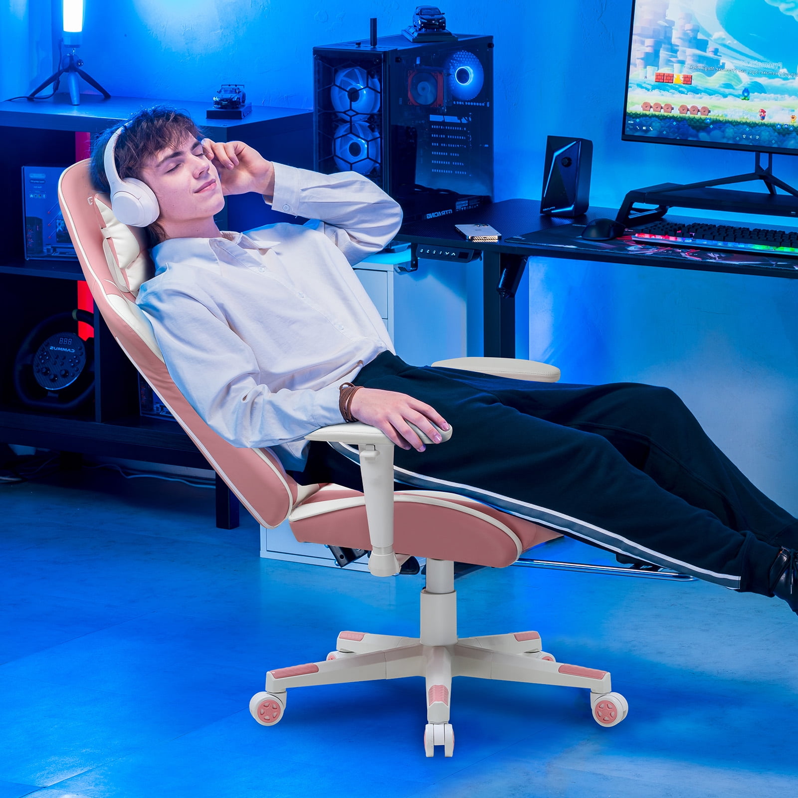GTPLAYER Gaming Chair with Footrest PU Leather Office Chair with Adjustable Headrest, Pink