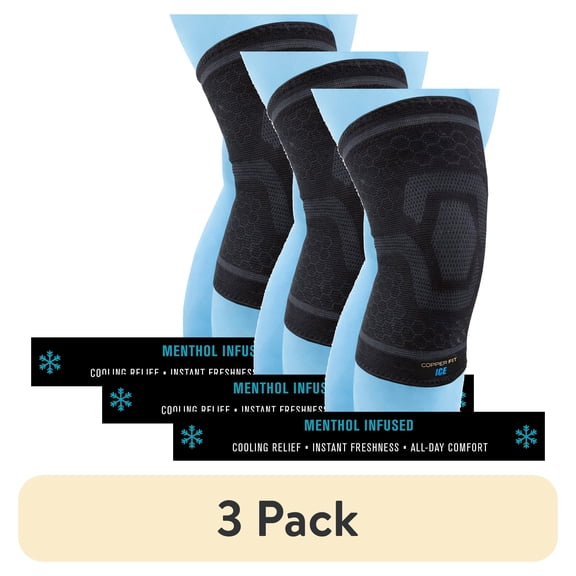 (3 pack) Copper Fit® ICE Compression Knee Sleeve, Menthol Infused, Large/XL, Black, 1-Pack, FSA HSA Eligible
