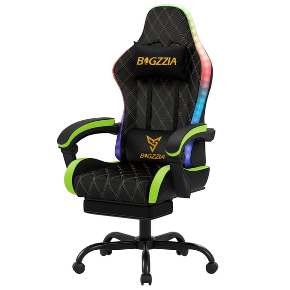 Bigzzia Gaming Chair with LED Lights, Ergonomic Computer Chair with Lumbar Support, Adjustable Headrest & Footrest, Green