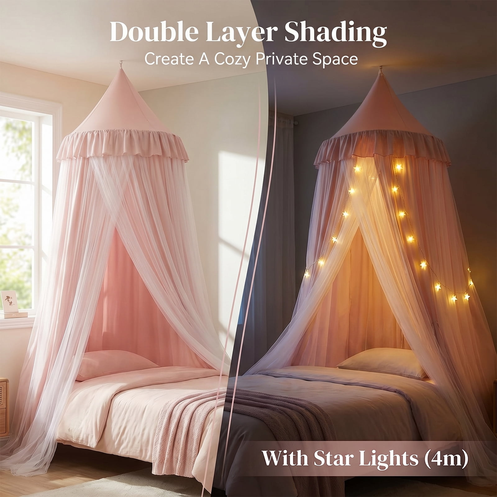 Bed Canopy with Star Night Light, Double Layer Dustproof & Breathable, Kids Reading Nook Bed Tent, Machine Washable, Available in , Pink