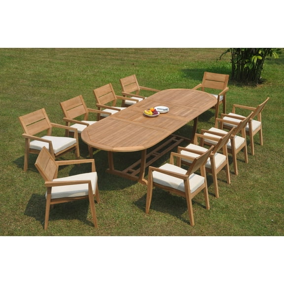 Grade-A Teak Dining Set: 10 Seater 11 Pc: 118" Double Extension Mas Oval Trestle Leg Table And 10 Vellore Stacking Arm Chairs WholesaleTeak #WMDSWVm
