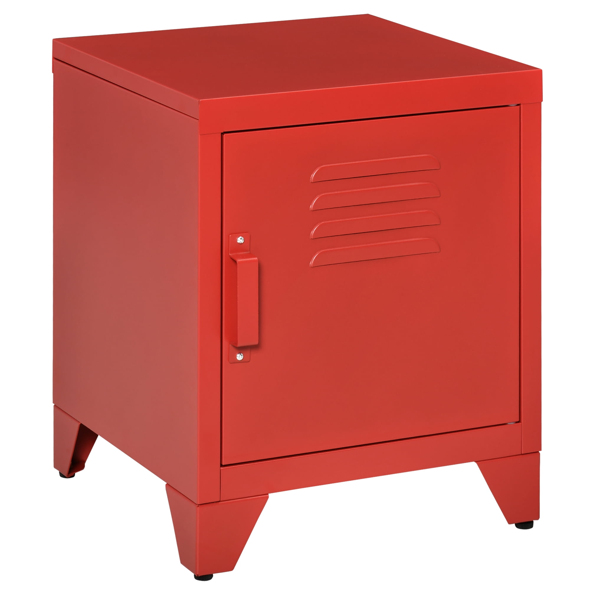LockerStyle Nightstand Storage Side Table w/ Shelf & Metal Frame, Red