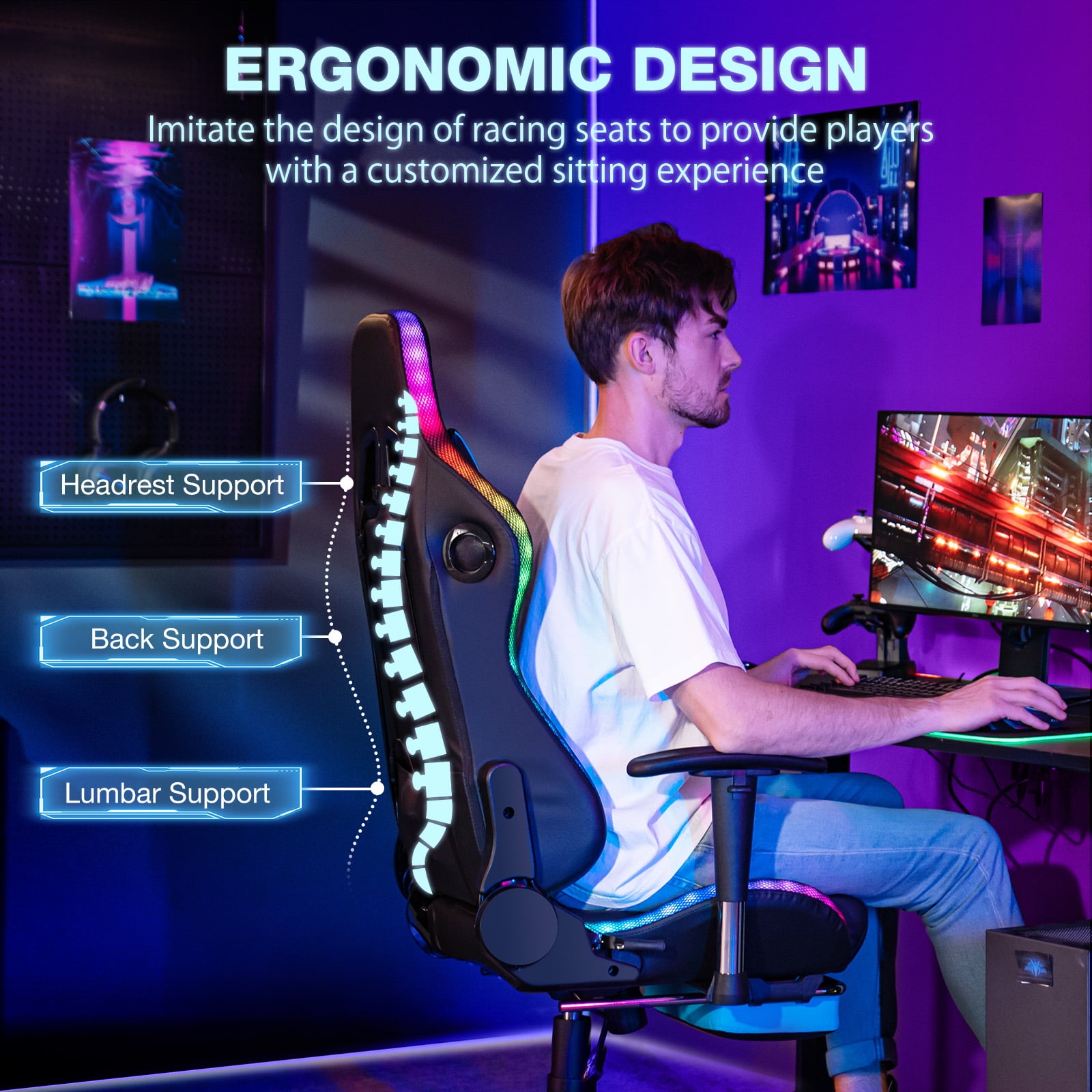 Hoffree Gaming Chair with Speakers Gamer Chair with Footrest and Massage Reclining Video Game Chair with Led Lights and Swivel Seat and Headrest and 2D Armrests for Adults