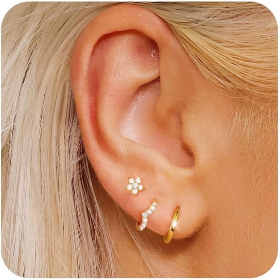 3 Pairs Hoop Earrings For Women 925 Sterling Silver Trendy 14K Gold Plated Huggie Earring Silver Hypoallergenic Stud Cartilage Earring Sets For Multiple Piercing Cute Small Jewelry Gift[Z2271]