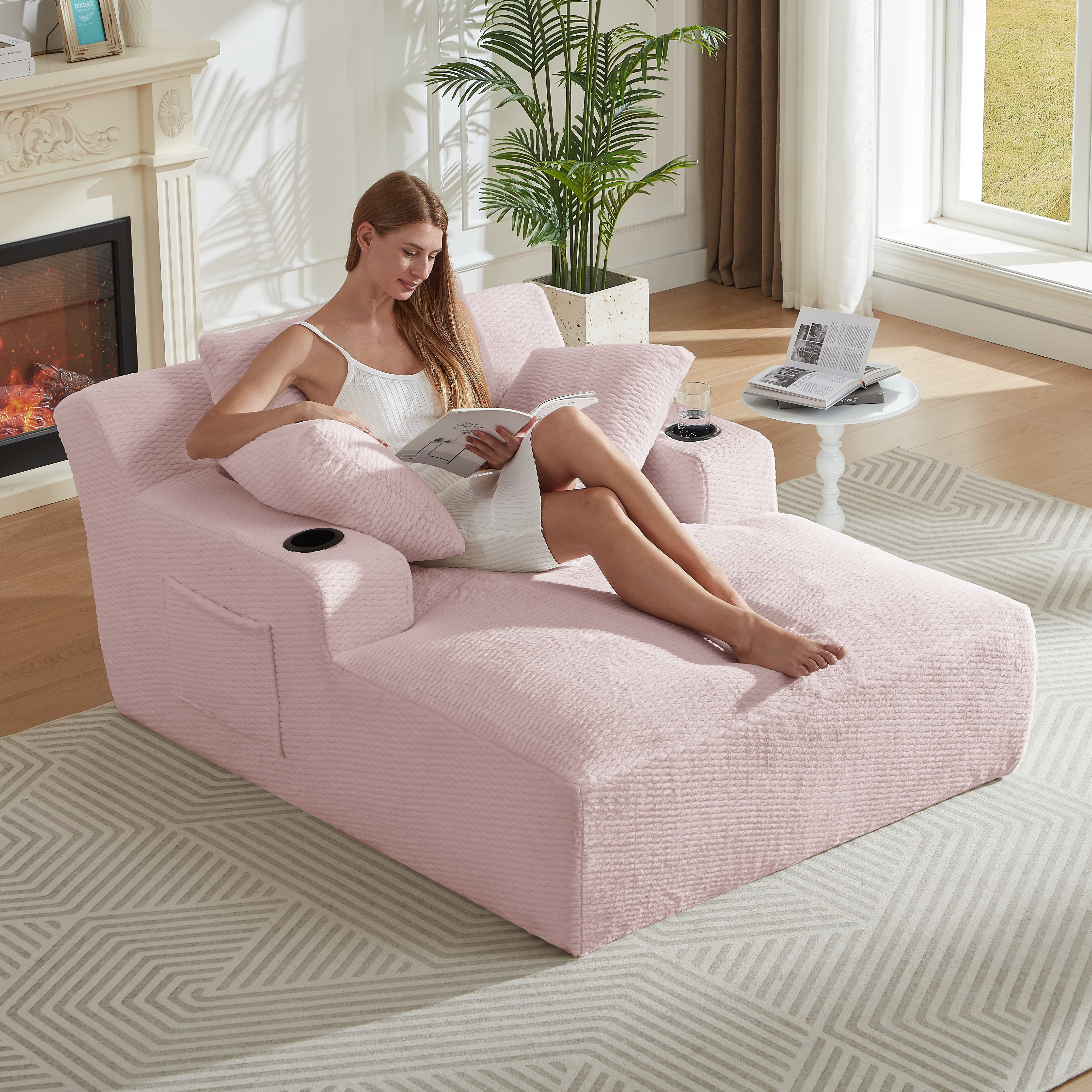 MAYEERTY Oversized Chaise Lounge Chair, Comfy Sleeper with Cup Holders for Living Room & Office, 49*66*28" Pink