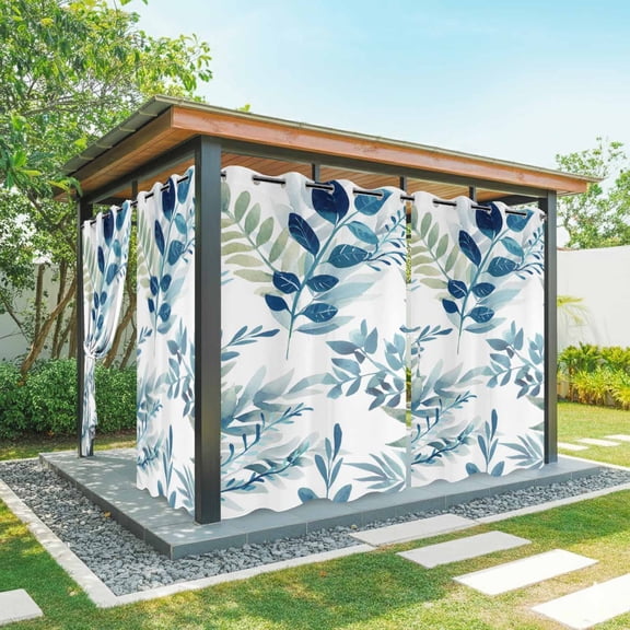2 Panels Outdoor Curtains for Patio Waterproof 54"x84" Navy Blue Leaves Weatherproof Privacy Outsides Curtains, Summer Botanical Farmhouse Watercolor Leaf Grommet Thermal Drapes for Cabana Porch