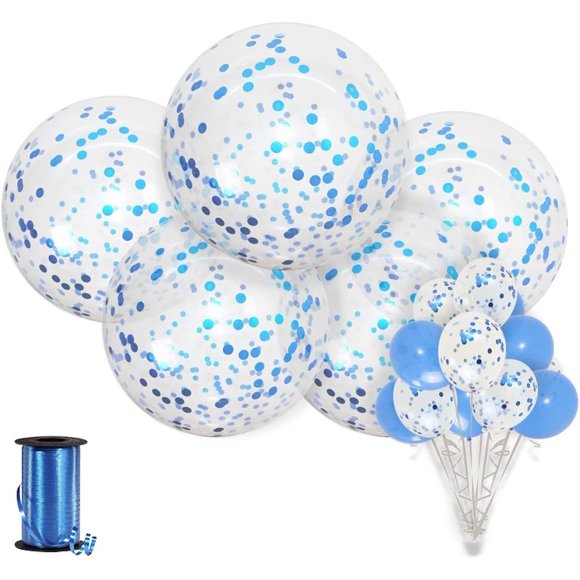 SHIMMER & CONFETTI 15 Pack Large Blue Confetti Balloons. 5 Pieces 36-inch Confetti-Filled Balloons, 5 12-inch Confetti Balloons, 5 Metallic Balloons for Christmas, Birthday Party, Bridal Shower