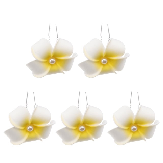 5 pinzas para el pelo con forma de U de flor de plumeria hawaiana, accesorio para novia, ideal para fiestas en la playa, bodas y eventos tropicales (4,5 cm, amarillo)