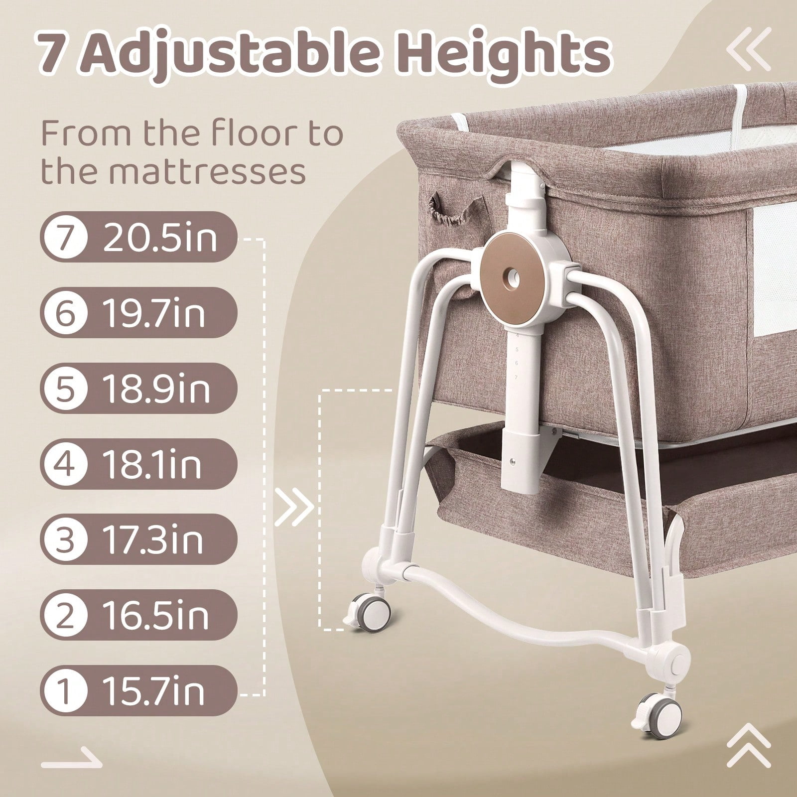PRVAETU 4-in-1 Baby Bassinet & Bedside Sleeper for Babies, 7-Level Height Adjustable, Wheels with Storage Basket, Breathable Mesh,Khaki