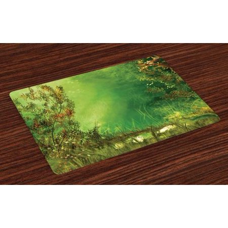 Grass Place Mats Rainforest Placemats Set of 4 Mystic Dreamland Butterflies Fairytale Land Grass Flowers Lizard Romantic Scenic Art, Washable Fabric Place Mats for Dining Room Kitchen Table Decor,Green, by Ambesonne ()