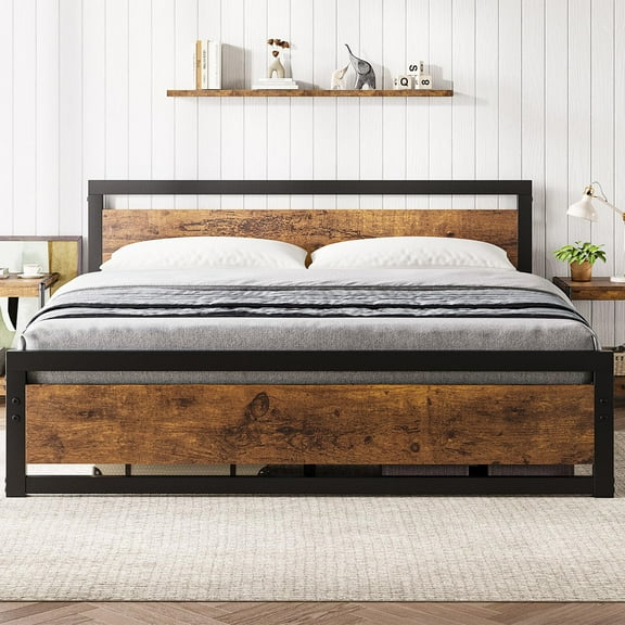 KOKEBREN King Size Bed Frame, Industrial King Platform Bed with Headboard No Box Spring Needed,Brown