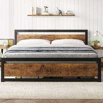 KOKEBREN King Size Bed Frame, Industrial King Platform Bed with Headboard No Box Spring Needed,Brown