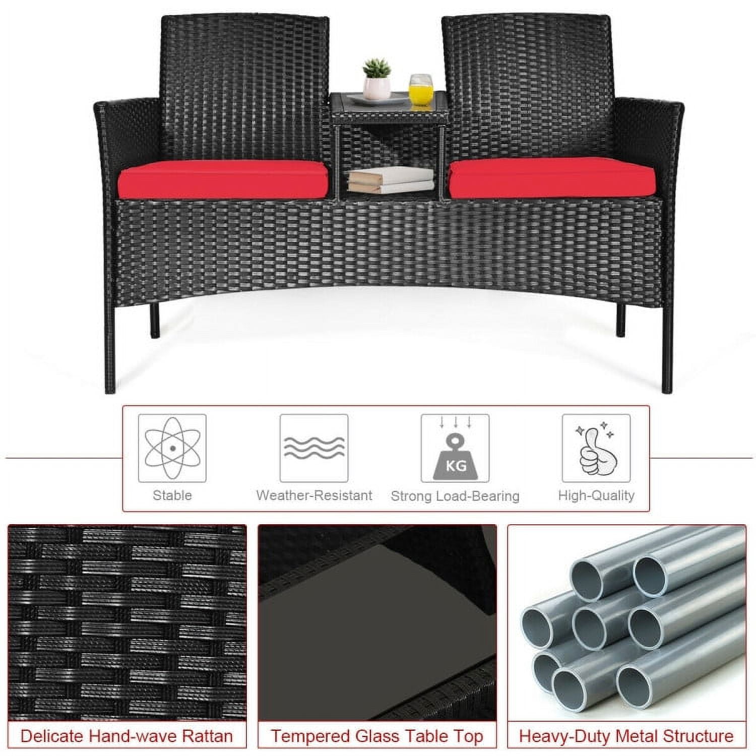 Aimee Lii Modern Patio Conversation Set with Built-in Coffee Table and Cushions, Balcony Chair, B-Red