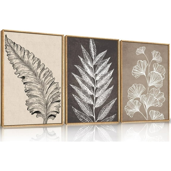 Botanical Leaf Framed Canvas Wall Art Set,Modern Natural Leaves Wall Decor,Vintage Minimalist Floral Wall Painting, Abstract Beige Leaf Art Print for Living Room,Bedroom,Office-16 x24 x3