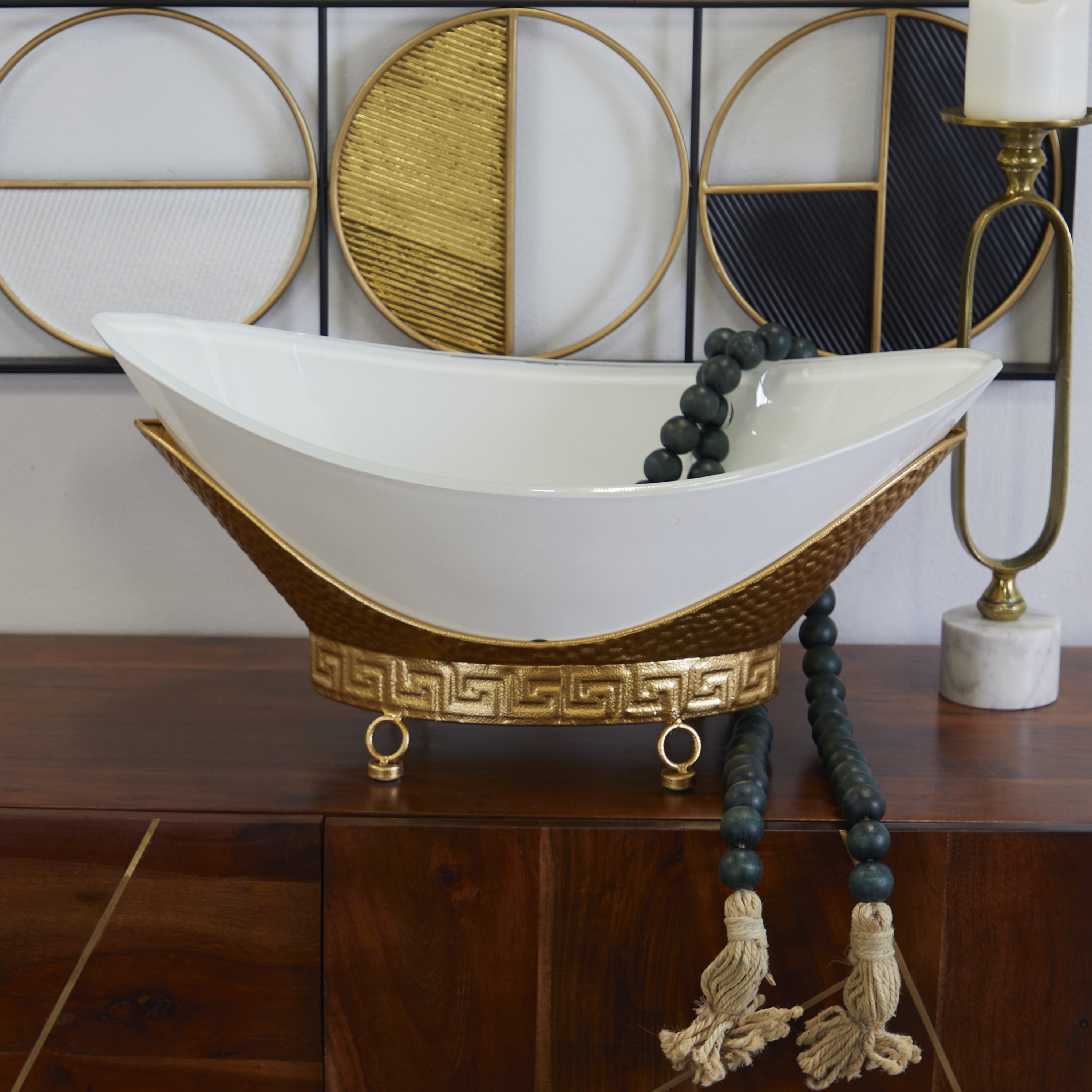 CosmoLiving by Cosmopolitan 23" x 11" White Glass Hammered Kitchen Serving Bowl with Gold Metal Stand and Ring Feet, 1-Piece
