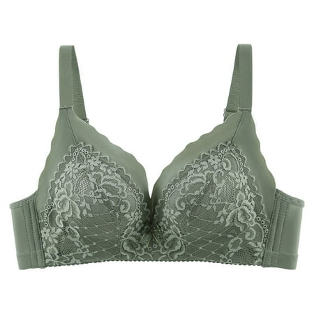 Ashirexll Bras for Women Adjustable Spaghetti Straps Lace Gathering Posture Support Bra Non Steel Ring Beautiful Back Wireless Bras Army Green 38