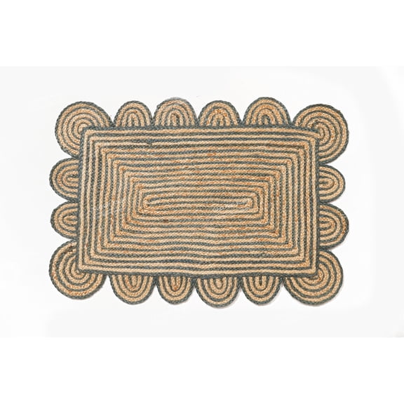 Hand Braided Beige and Grey Color Scalloped Area Rug Rectangle Rug Natural Jute Rug