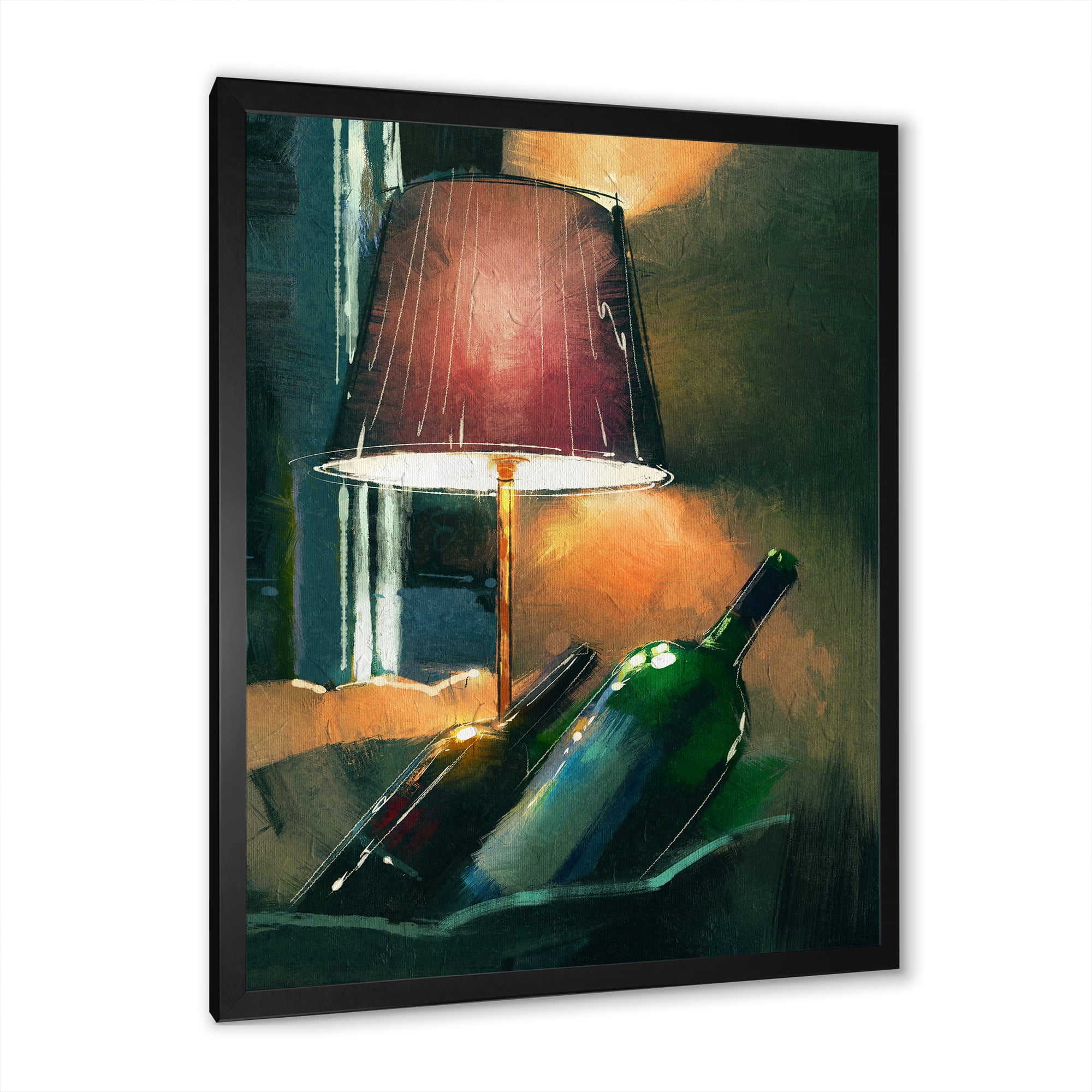 Designart 'Lamp Glowing Orange In The Night and Wine Bottles' Modern Framed Art Print