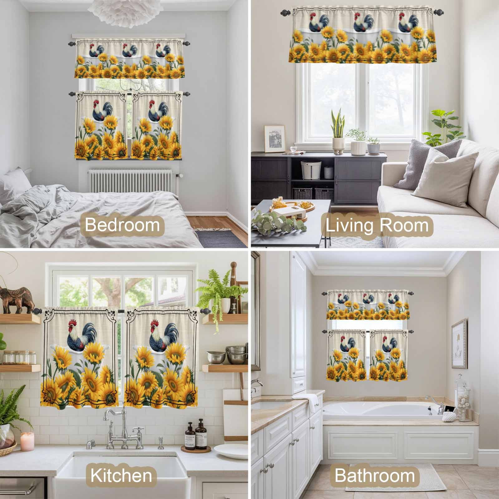Farmhouse Kitchen Curtains Valances 3 Piece Set, Chicken in Bathtub Sunflowers Retro Border Linen Rod Pocket Tier Curtain and Valance Drapes for Small Window 24 Inch Length for Bedroom Cafe