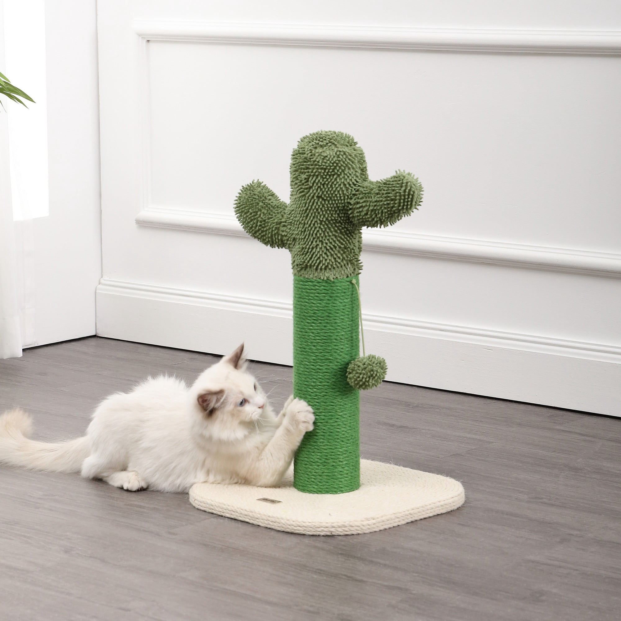 THE LICKER STORE Pecos 21" Modern Jute Cactus Cat Scratching Post with Fuzzy Toy, Green/White, CTR1000A