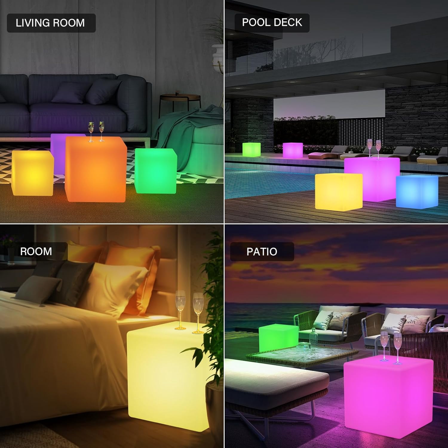 Postlucky Outdoor Solar LED Lamp, 11.8in Cube Waterproof Multicolor Dimmable LED Light for Garden Patio Yard Pool