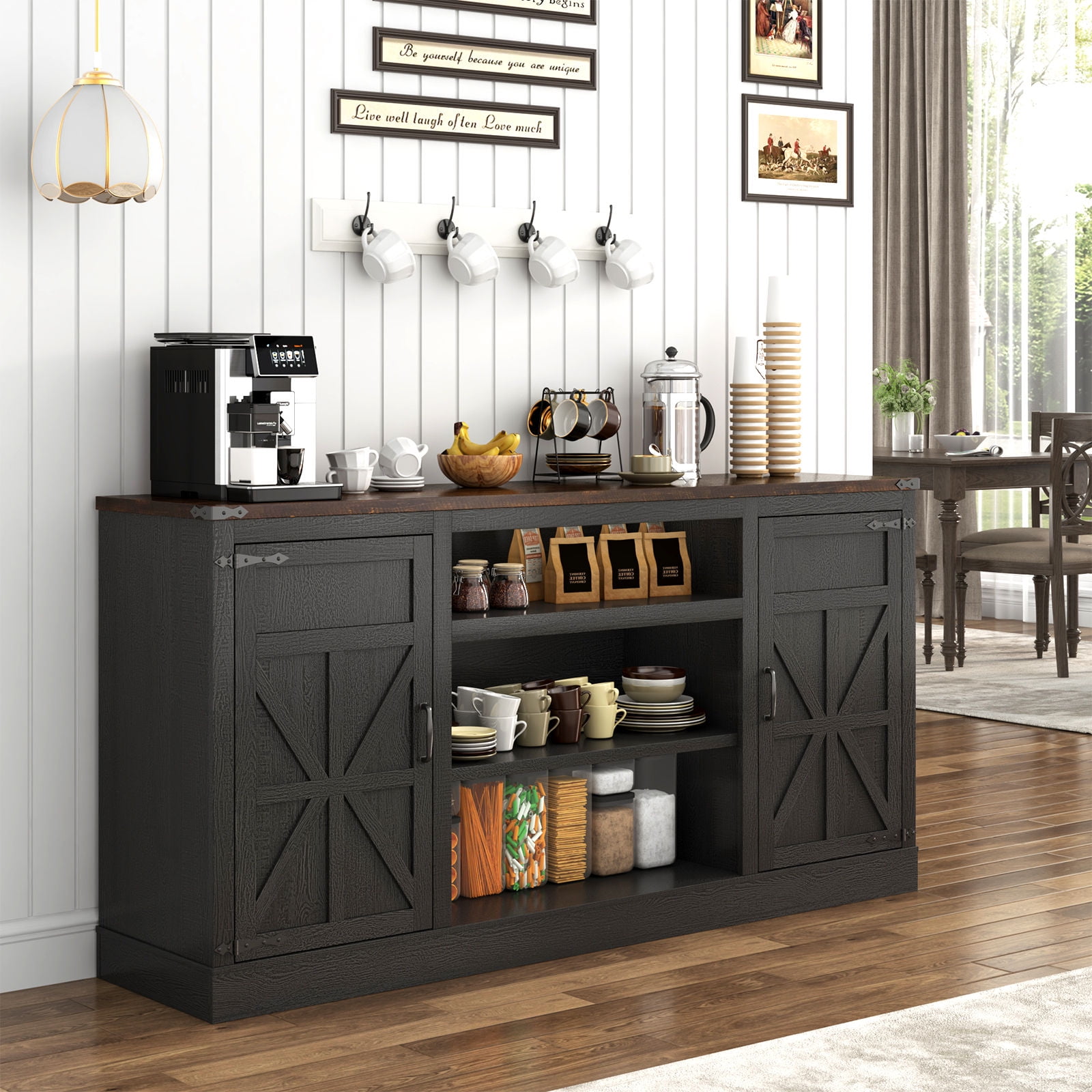 Farmhouse TV Stand for 65" 70" up 75" TVs with Power Outlet, 33" Tall TV Stand Entertainment Center with Storage, Black TV Consoles for Living room Bedroom