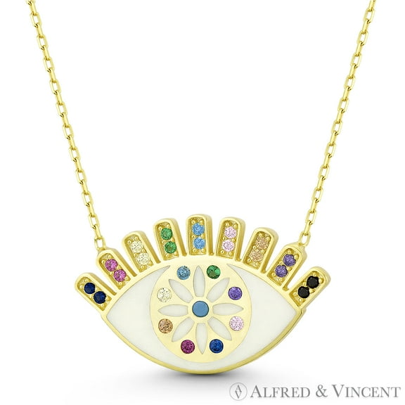 Evil Eye w/ Lashes Luck Charm Enamel & CZ Crystal Pendant & Chain Necklace in .925 Sterling Silver